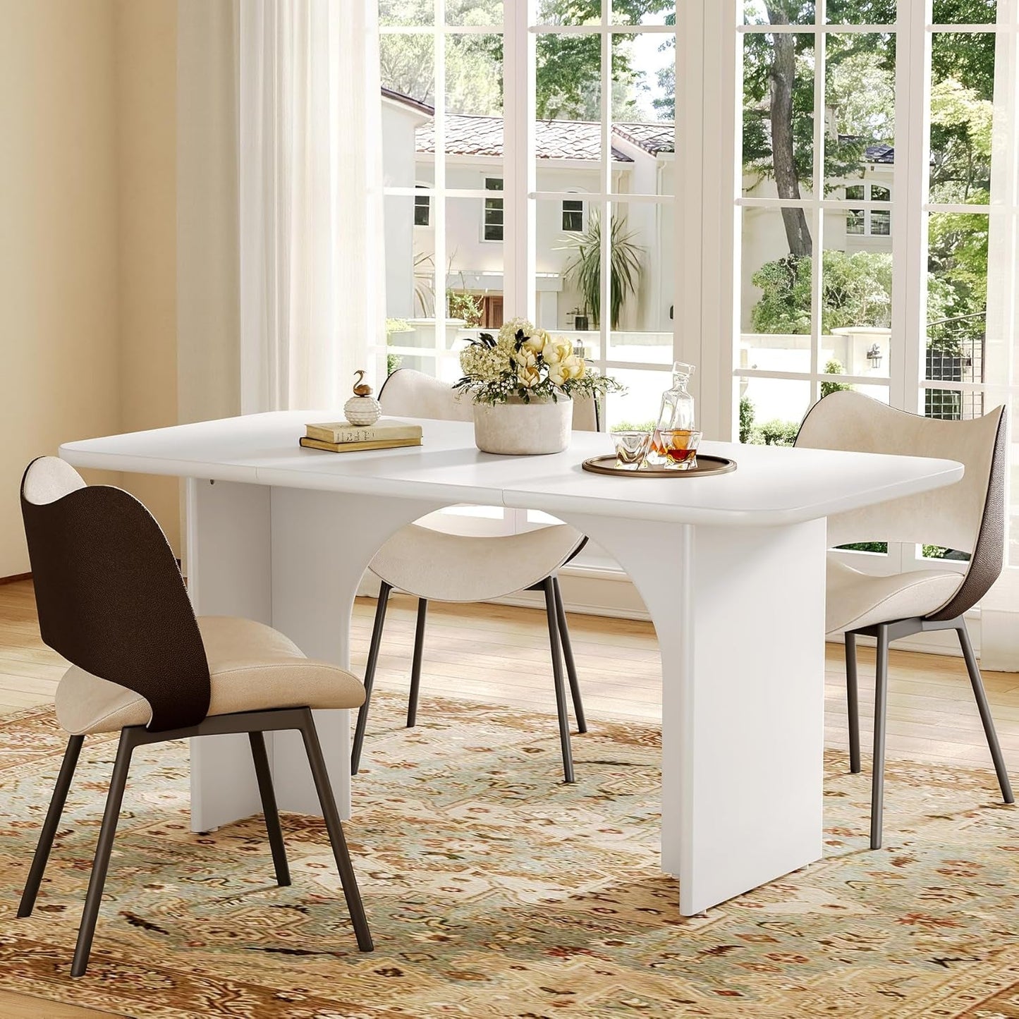 63-Inch Dining Table for 4-6 People, Large Kitchen Dinner Table with Arch Base Design for Kitchen Dining Room, Living Room, White-3