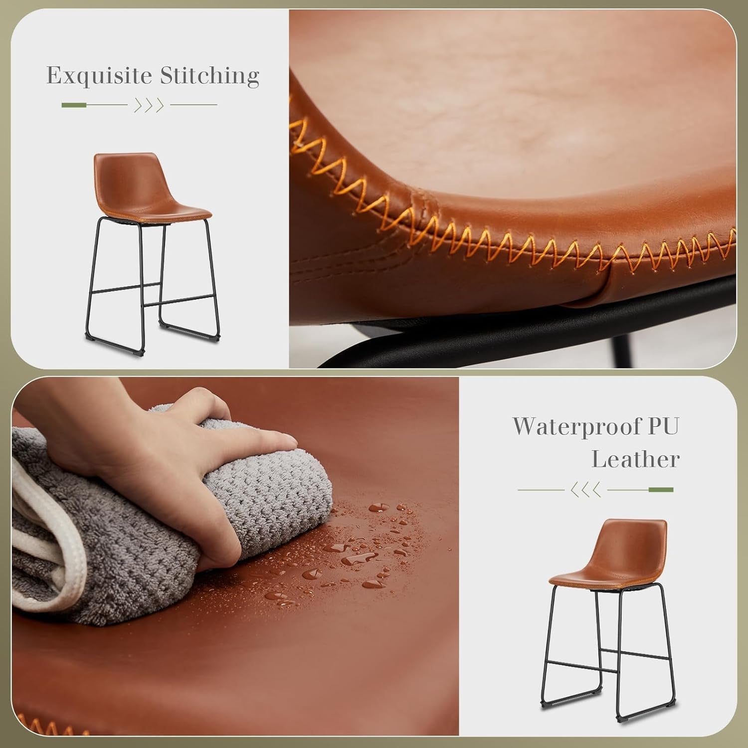 26 Inch Counter Height Bar Stools Set of 4, Modern Faux Leather High Barstools with Back and Metal Leg, Bar Chairs for Kitchen Lsland, Brown-4