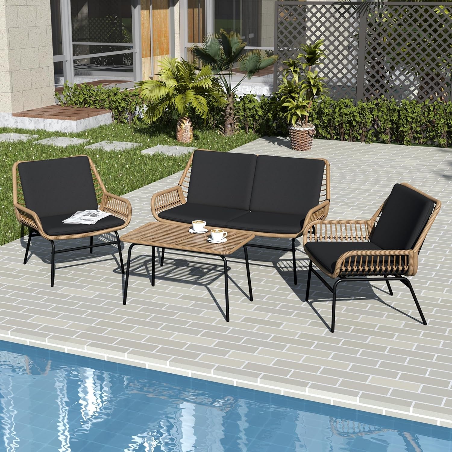 4 Piece Outdoor Patio Furniture Set, Rattan Conversation Sets, All-Weather Wicker Chairs with Cushions and Coffee Table, for Garden Balcony Courtyard Poolside-0