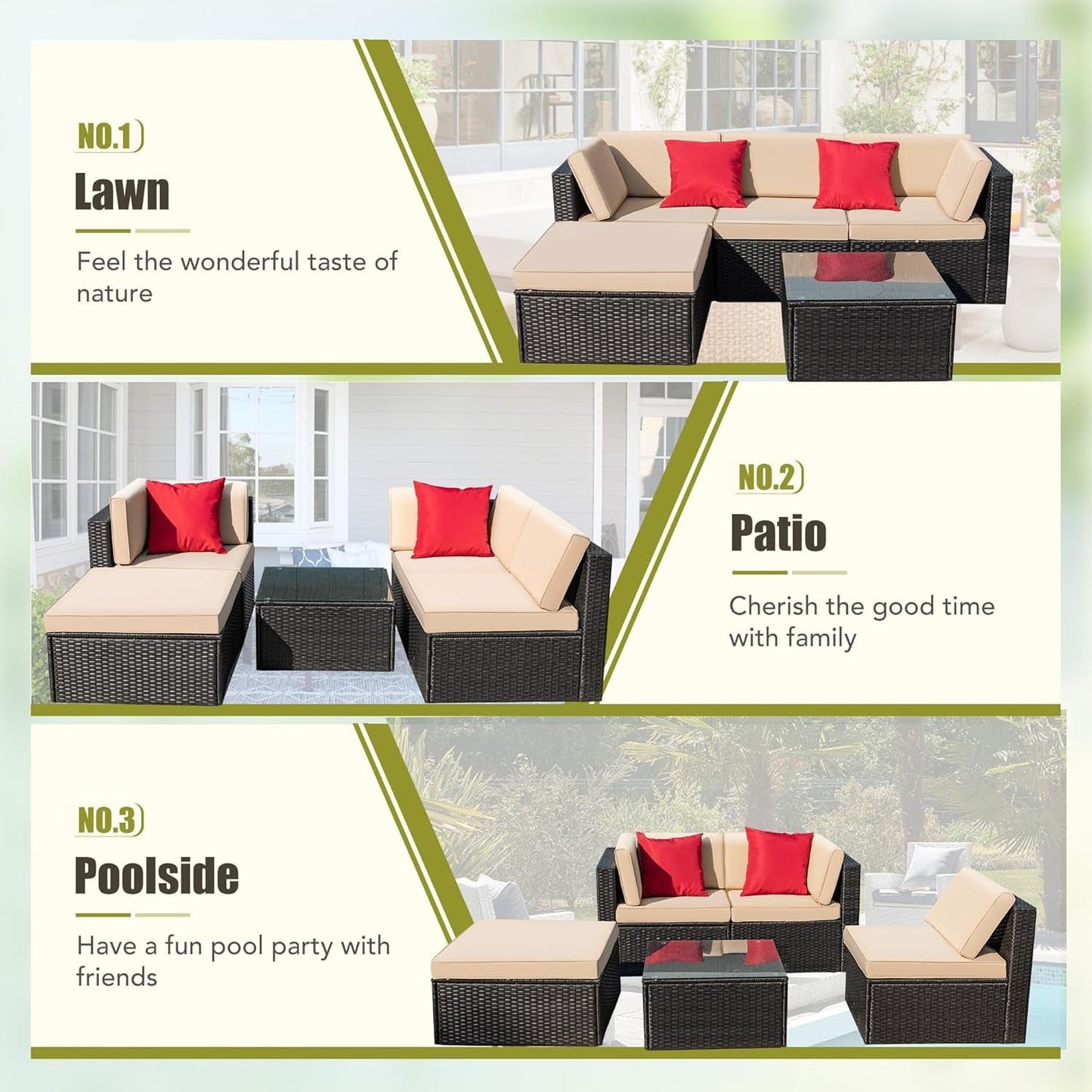 5 Piece Patio Conversation Set Wicker Rattan Furniture Outdoor Sofa with Cushions,Pillows & Glass Table for Porch,Lawn and Yard, Light Beige-3