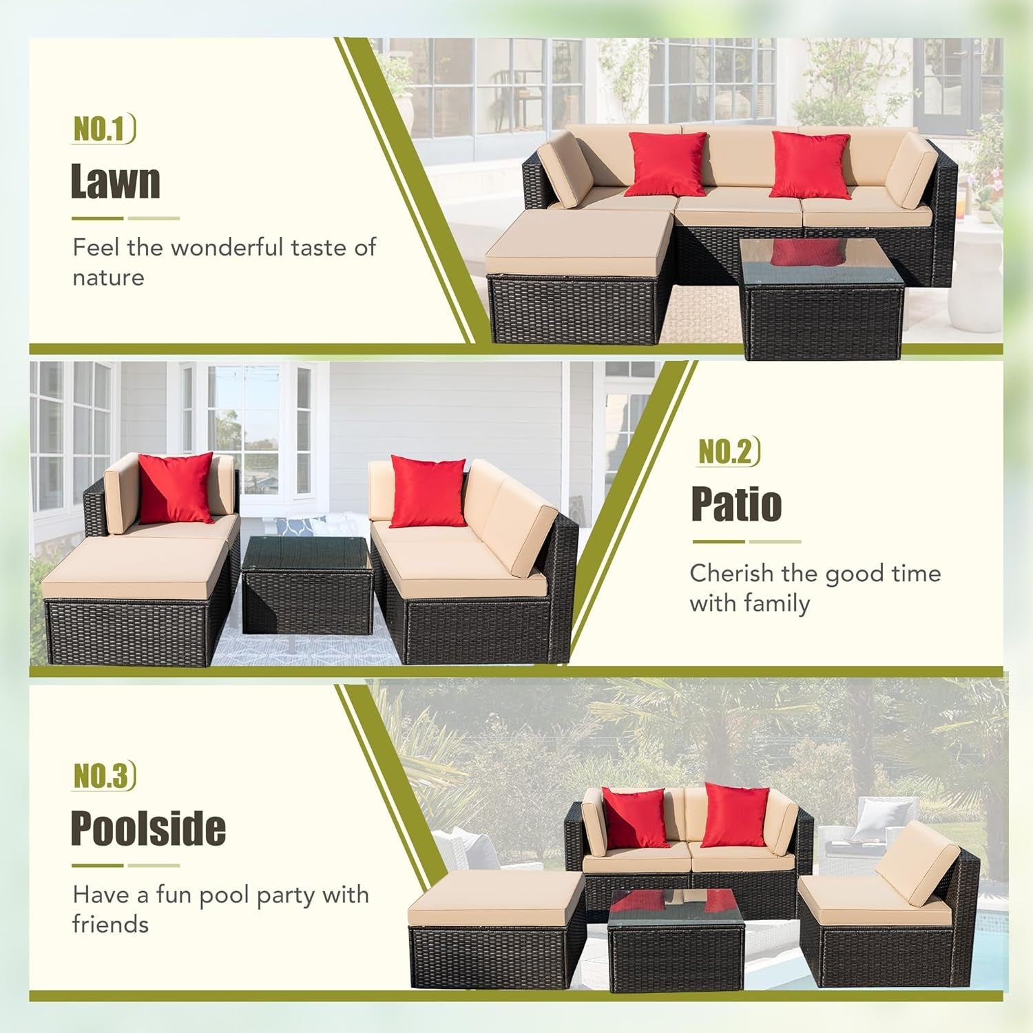 5 Piece Patio Conversation Set Wicker Rattan Furniture Outdoor Sofa with Cushions,Pillows & Glass Table for Porch,Lawn and Yard, Light Beige-3