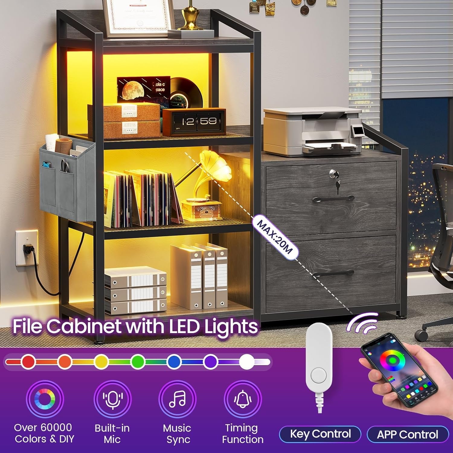 2 Drawer File Cabinet, Filing Cabinet Fits Letter Legal, A4 Size, File Cabinets for Home Office with Lock, Power Strip, LED Lights and Open Shelf, Grey-4