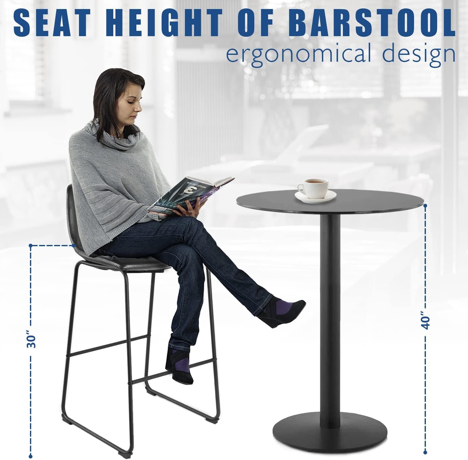 Pu Faux Leather Bar Stools Set of 2, Industrial Pub Barstools with Back and Footrest, Modern Armless Bar Height Stool Chairs (Grey, 30" Barstool X2)-2