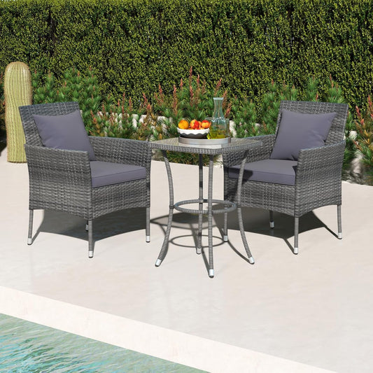 3-Piece Patio Furniture Set, PE Wicker Conversation Bistro Set W/A Tempered Glass Table & 2 Cushioned Chairs, Outdoor Table & Chairs Set for Patio Porch Yard Garden (Mix Gray+Grey)-1