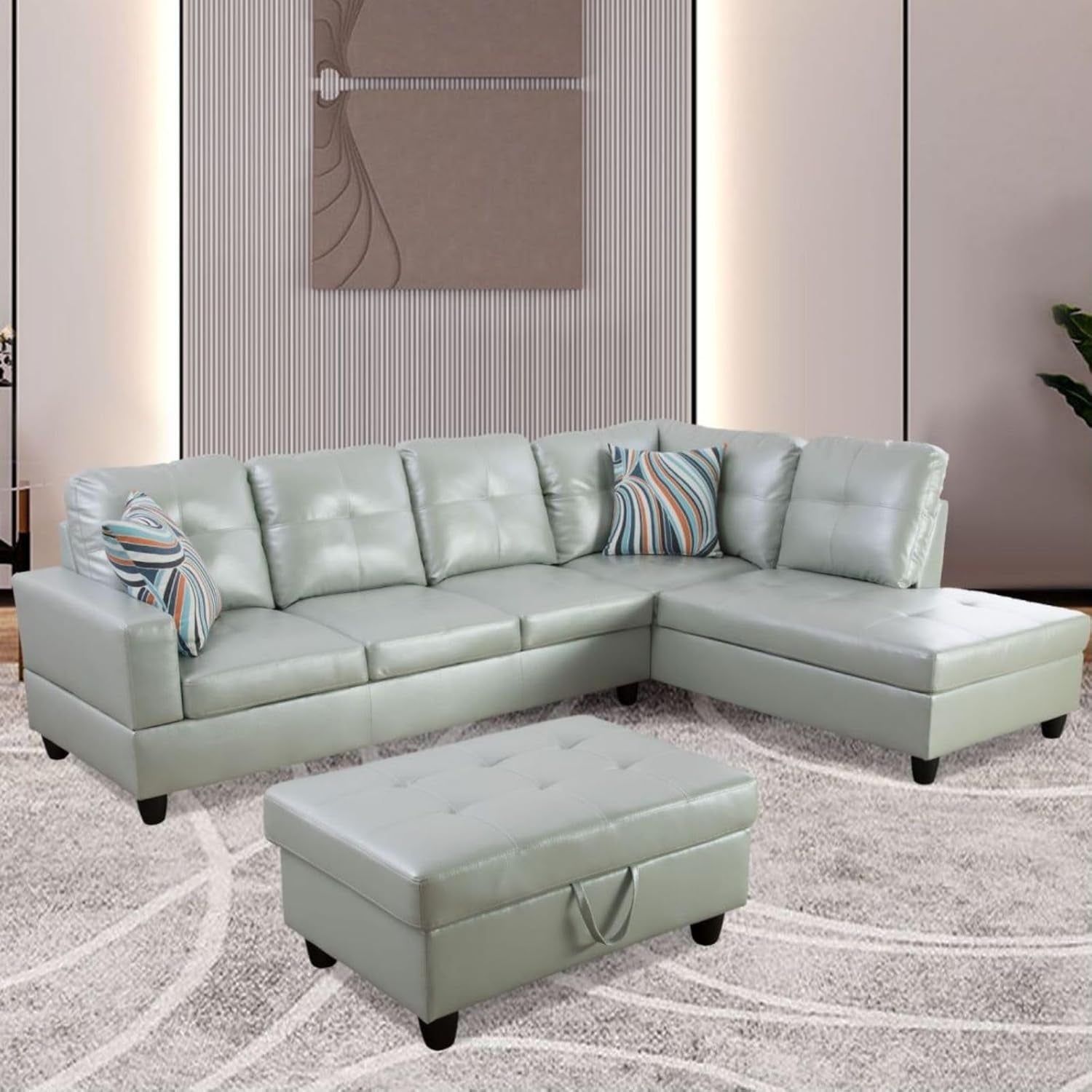 L-Shaped 3-Piece Semi PU Synthetic Leather Sofa with Storage Ottoman Set, Sectional Couch Sofa Set for Living Room, Office, Small Space, Silver Green-3