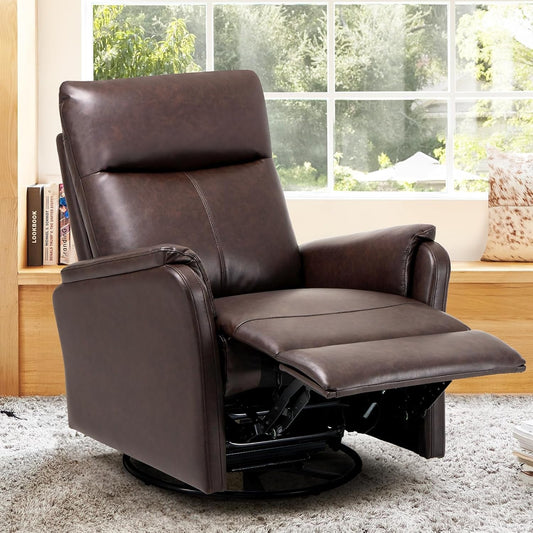 Swivel Rocking Recliner Glider Chair, Leather Reclining Rocker Chair with Footrest for Living Room, Nursery, Office, Bedroom, Wide Seat Cushion and Metal Base-Chocolate-0