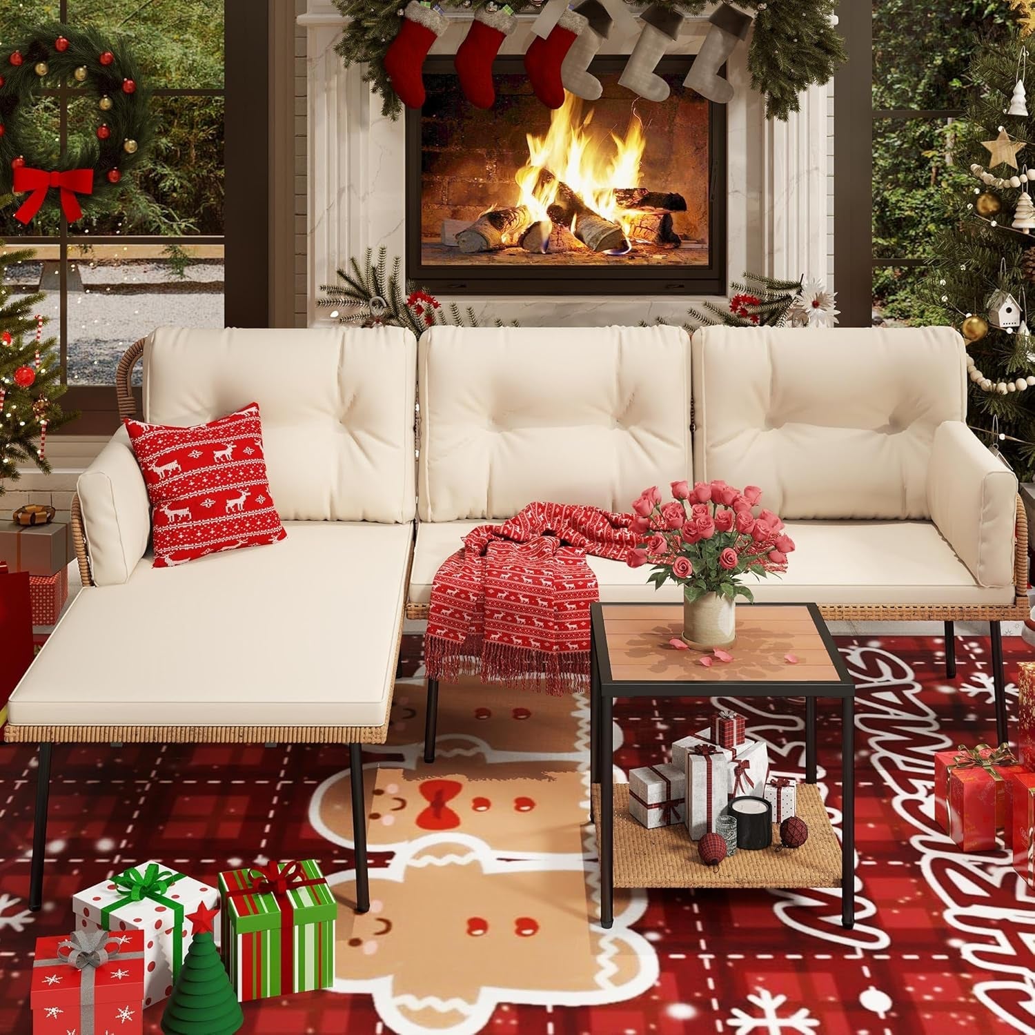 Patio Furniture Set, 3-Piece Outdoor Wicker Conversation Sectional L-Shaped Sofa with 4 Seater for Backyard, Porch, Boho Detachable Lounger with Cushions and Coffee Table - Beige-3