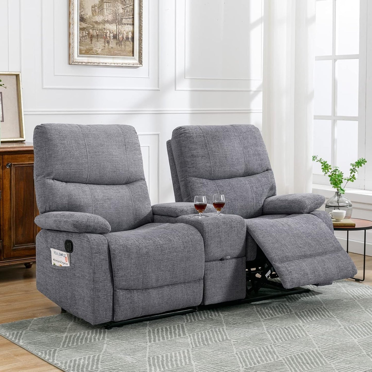 Double Reclining Loveseat - Fabric Home Theater Seating with Console - 2 Seater Manual Reclining Couch for Living Room, Office (Fabric- Light Grey)-0