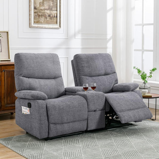 Double Reclining Loveseat - Fabric Home Theater Seating with Console - 2 Seater Manual Reclining Couch for Living Room, Office (Fabric- Light Grey)-0