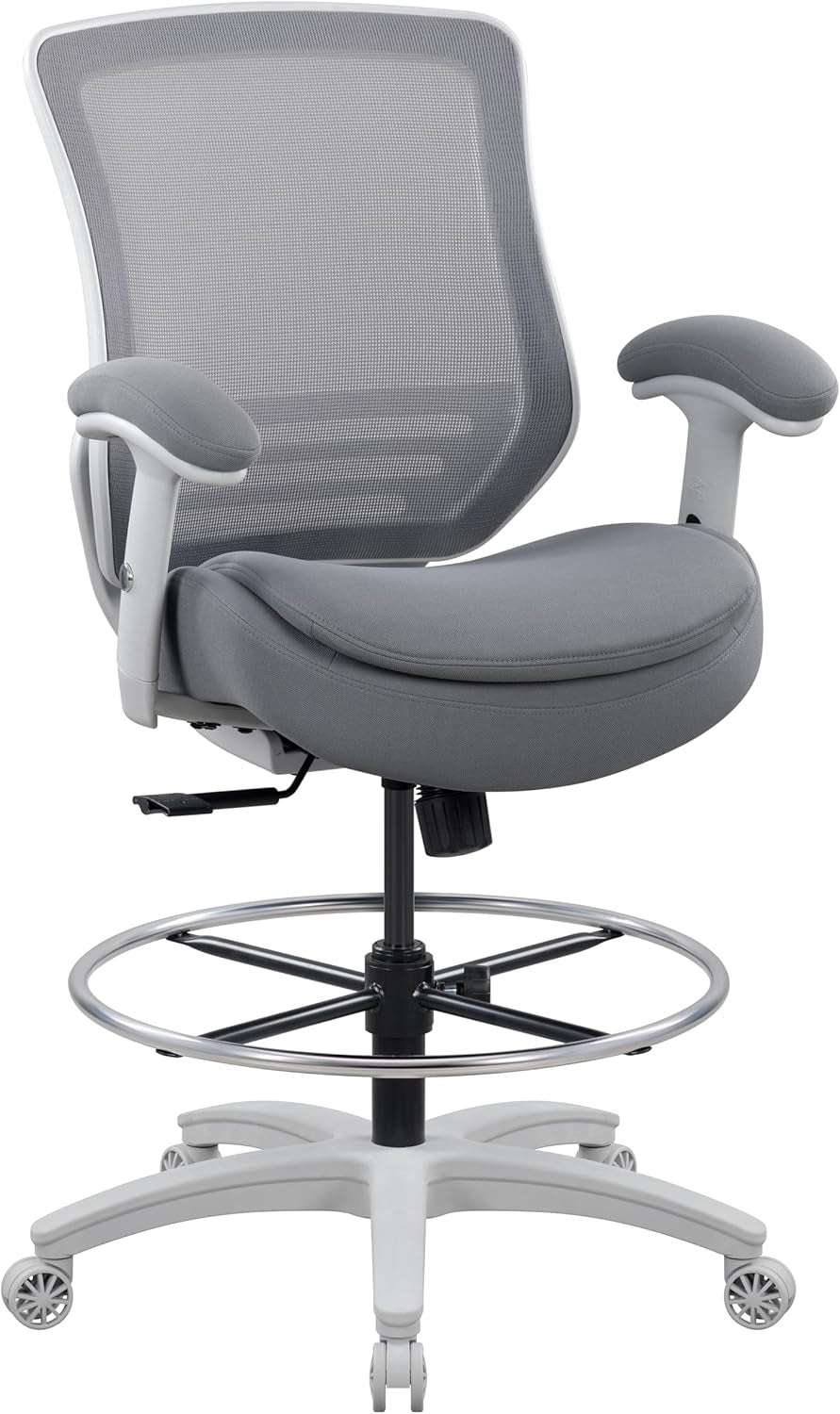 400Lbs Mid Back Mesh Ergonomic Office Drafting Chair Big Adjustable Foot Ring Height Adjustable Armrest (Grey)-0