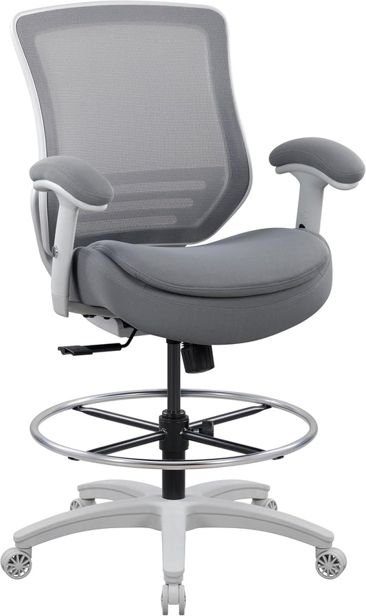 400Lbs Mid Back Mesh Ergonomic Office Drafting Chair Big Adjustable Foot Ring Height Adjustable Armrest (Grey)-0