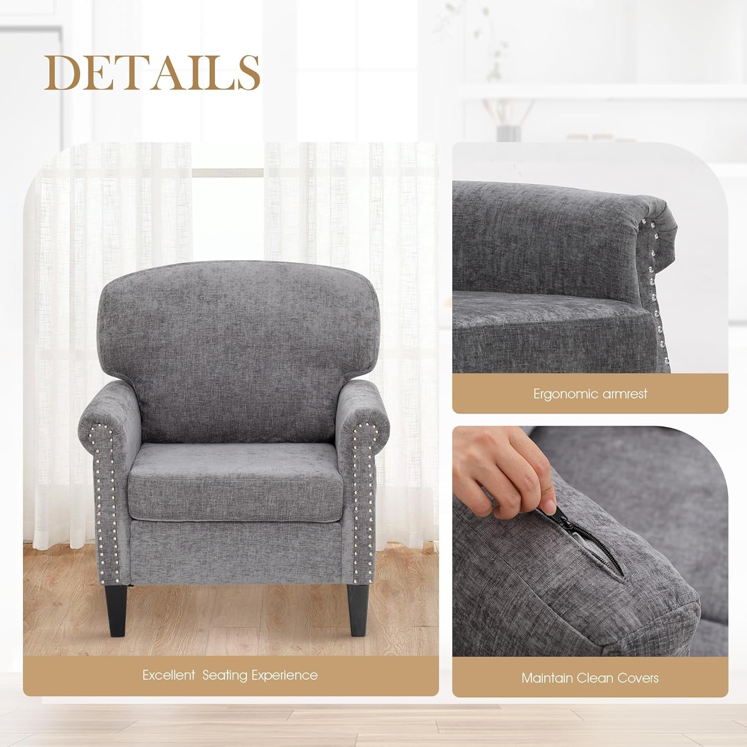 3 Piece Living Room Furniture Set, 1 Loveseat & 2 Accent Chairs, Linen Fabric Comfy Sectional Sofa Couch for Living Room, Bedroom, Grey-4