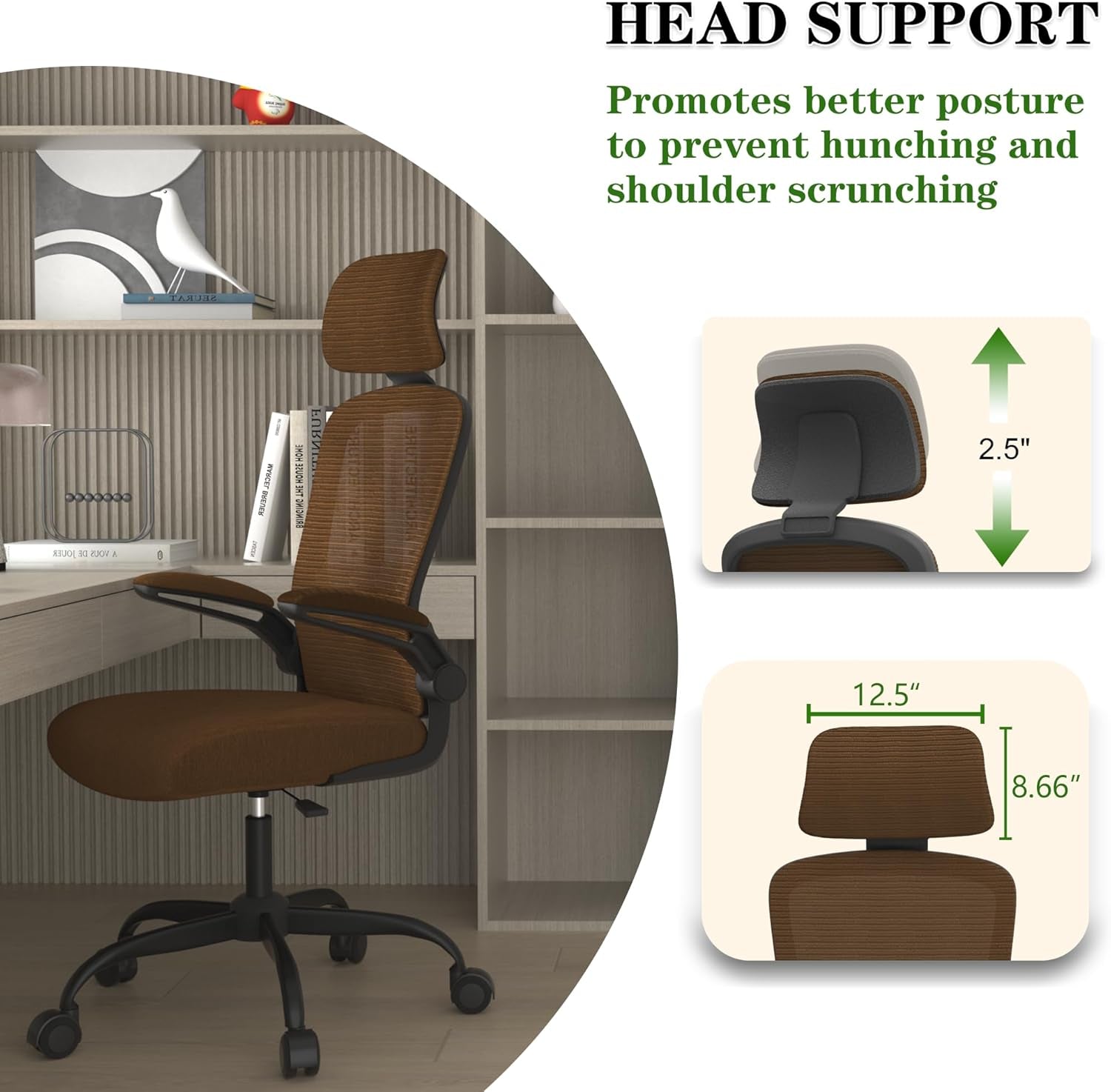 Ergonomic Mesh Office Chair, High Back Computer Desk Chair with Adjustable Lumbar Support & Headrest, Swivel Task Chair with Flip-Up Armrests for Home & Office (English, Brown)-3