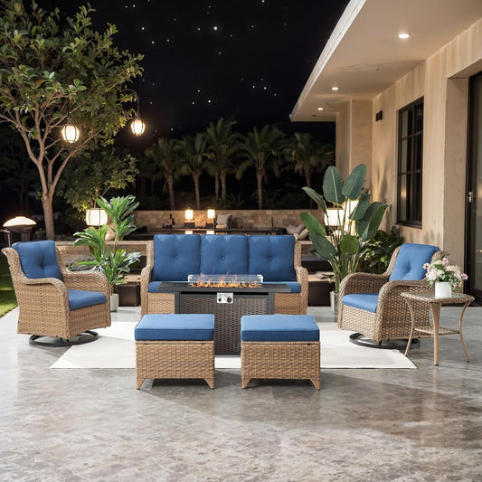 7 Pieces Patio Furniture Set with Fire Pit Table, Wicker Rattan Outdoor Furniture Set with Swivel Rocker Chairs for Yard, Deck, Garden, Yellow/Blue-0