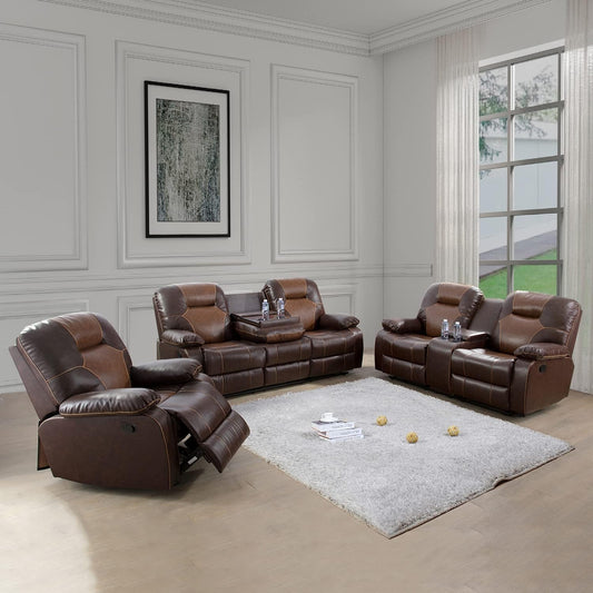 Manual Recliner Sofa Set, Bonded Leather Sofa with Recliners, Reclining Couch with Storage Console and Cup-Holders for Living Room/House/Bedroom/Office/Apartment (Brown / 3 Pieces Set)-0
