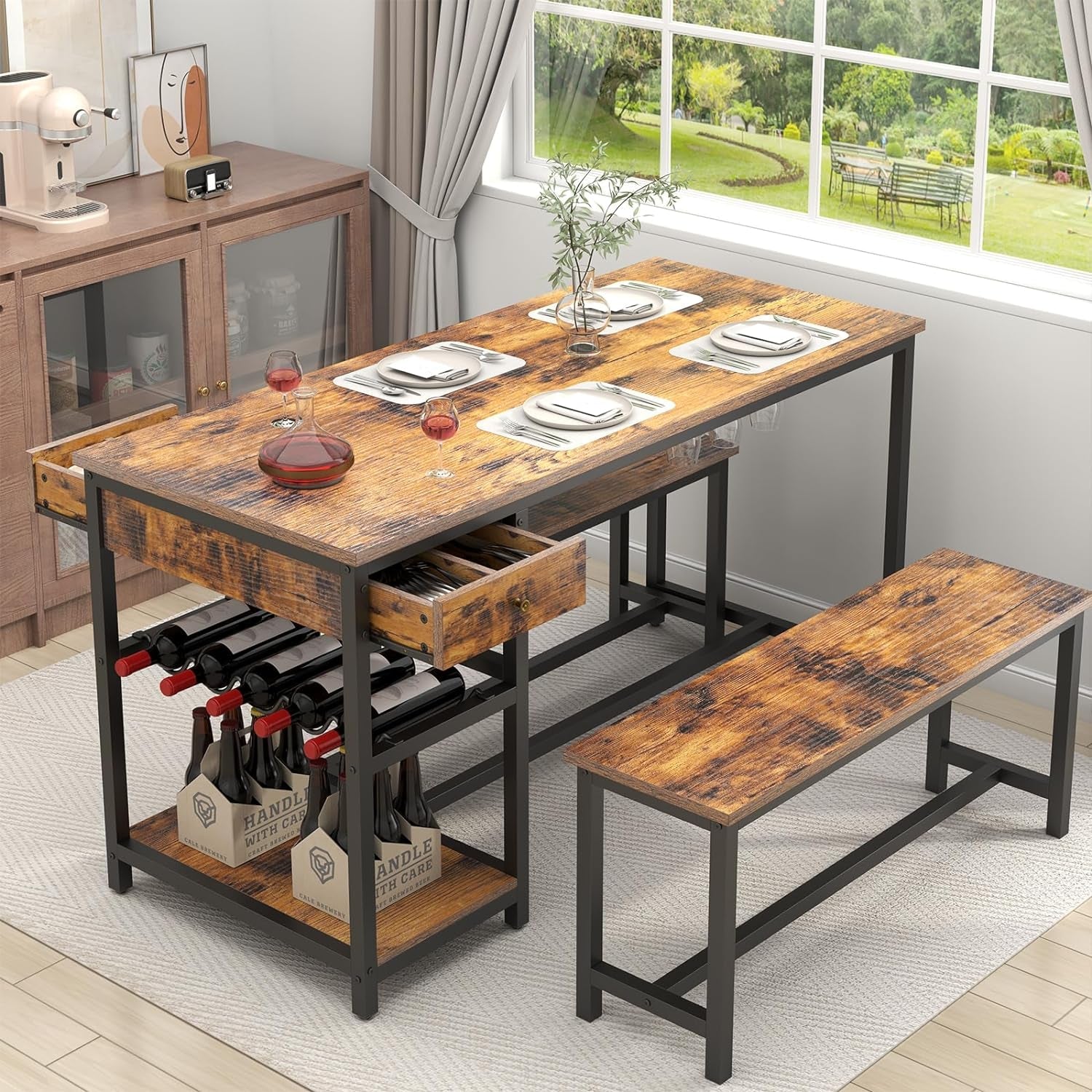 Elegant Rustic Dining Table Set for 4-6 with Storage Drawer, Wine Rack & Glass Holder - 54.7" Kitchen Dinner Table with 2 Benches-0