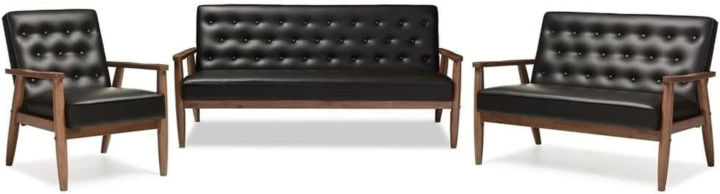 Sorrento Mid-Century Retro Modern Black Faux Leather Upholstered Wooden 3 Piece Living Room Set-0