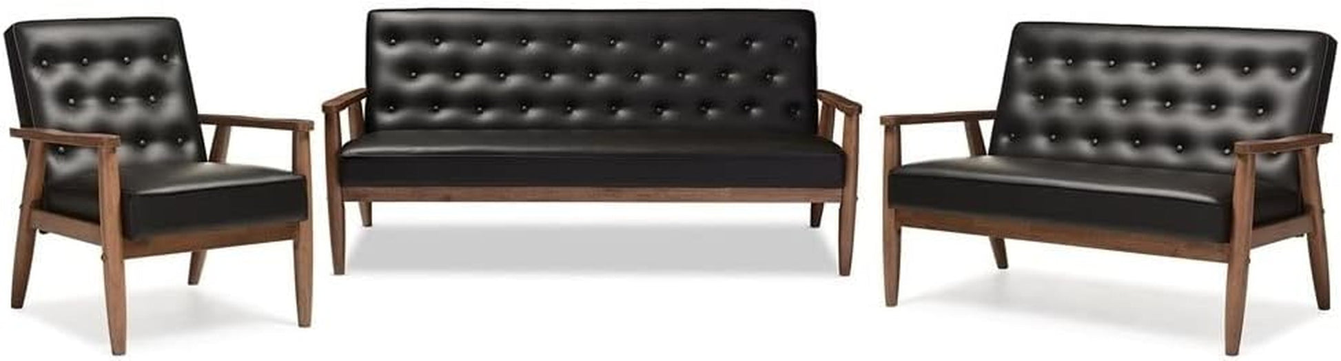 Sorrento Mid-Century Retro Modern Black Faux Leather Upholstered Wooden 3 Piece Living Room Set-0