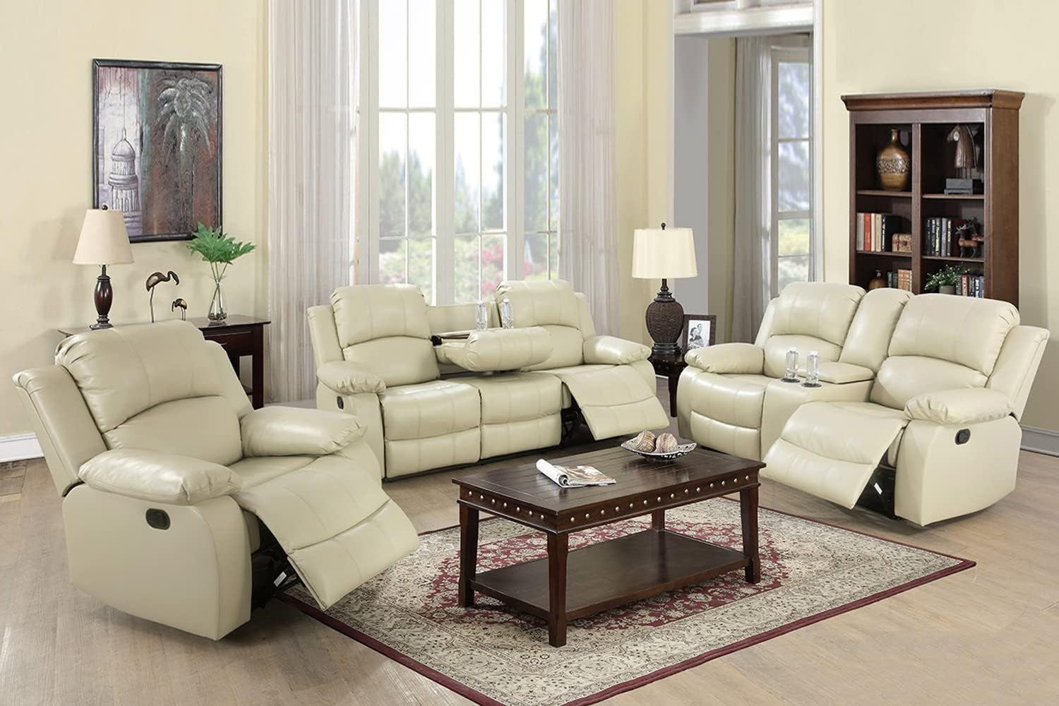 Beige Leather Reclining Sofa Set for Living Room Set,Recliner Sofa with Drop down Table/Double Recliner Loveseat with Storage Console/Recliner Chair/Faux Leather-0