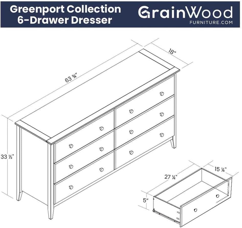 Greenport 6-Drawer Bedroom Dresser, Solid Wood with a Brushed White Finish-2