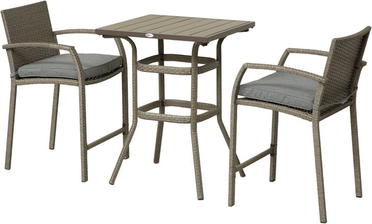 3 PCS Rattan Wicker Bar Set with Wood Grain Top Table and 2 Bar Stools for Outdoor, Patio, Poolside, Garden, Grey-0