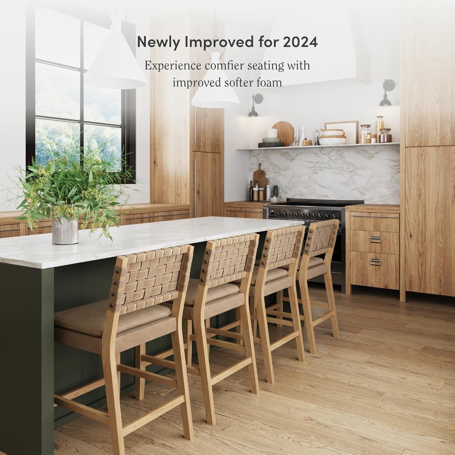 Cohen Mid-Century Modern Leather Bar Stool, Counter Height Chair in Solid Wood Frame with Footrest and Woven Leather Back for Kitchen, Natural Brown, 1 Count, Barstool - 24"-2