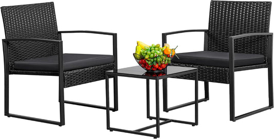3 Piece Wicker Conversation Bistro Sets Outdoor Patio Set Modern Rattan Chair Furniture Sets with Coffee Table for Yard Garden Porch Lawn (Black)-0