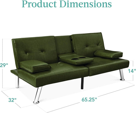 Dark Green Faux Leather Convertible Futon Sleeper-1