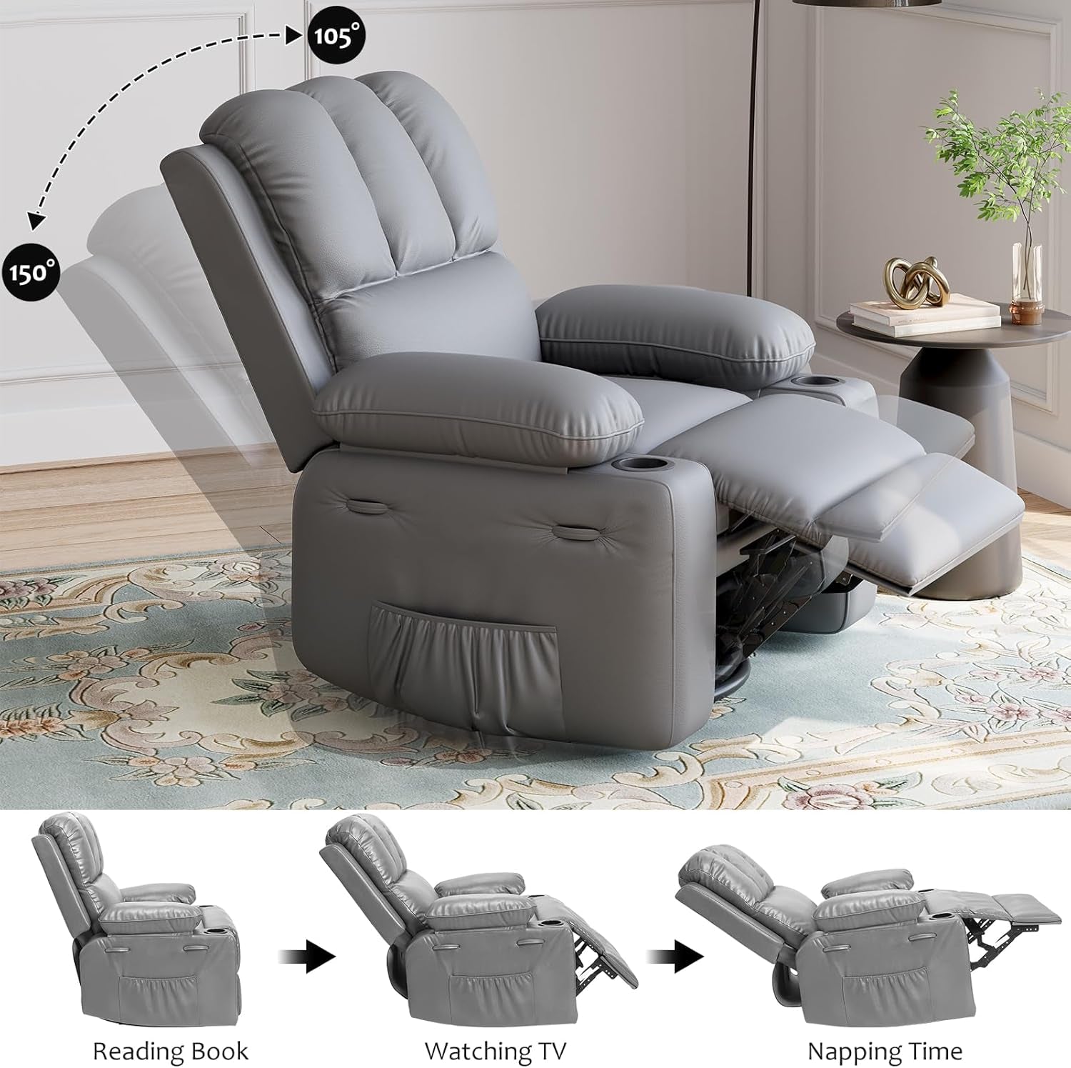 Leather Recliner Chair, Manual Recliner W/Comfortable Arms and Cup Holders for Living Room CF8011 - Gray, Medium-2