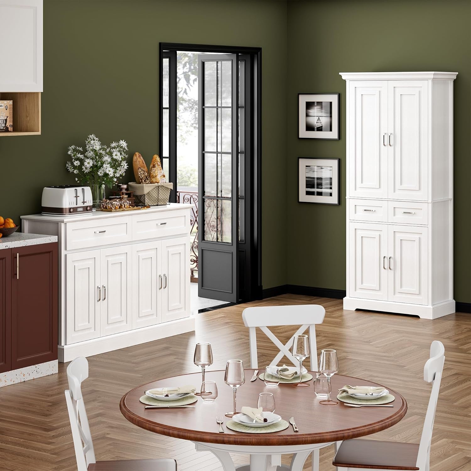 Black 55" Farmhouse Buffet Cabinet with Storage Drawers.-4