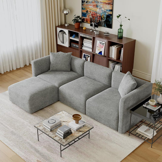 Luxury L-Shaped Upholstery Convertible Modular Sectional Sofa, Contemporary Reversible Couch with Chaise Lounge for Living Room, Apartment, Linen-Like Grey-0