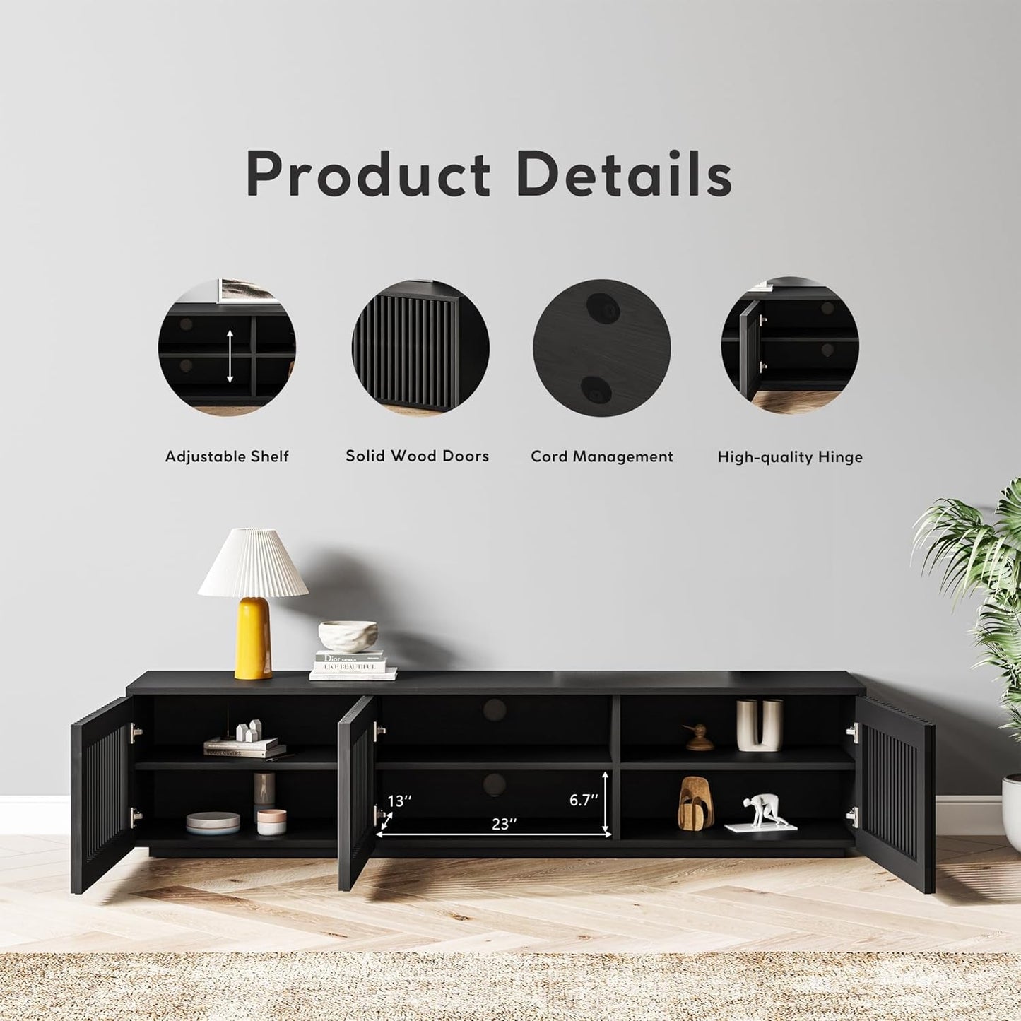 Modern Solid Wood TV Stand, Black Entertainment Center for 65 Inch TV, Full Assembled Media Console with Storage, Farmhouse Low TV Cabinets for Living Room Bedroom, Oak Veneer-2