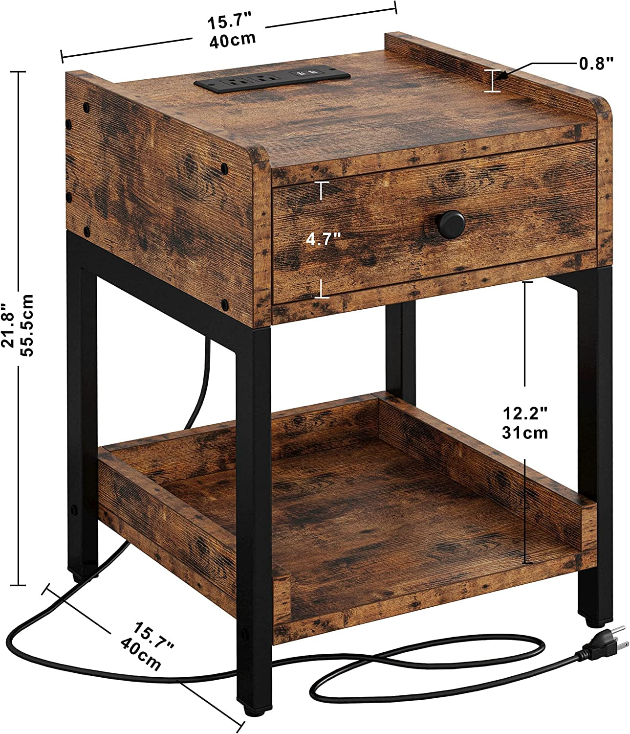 Bedside Table with Charging Station, Vintage Brown-2