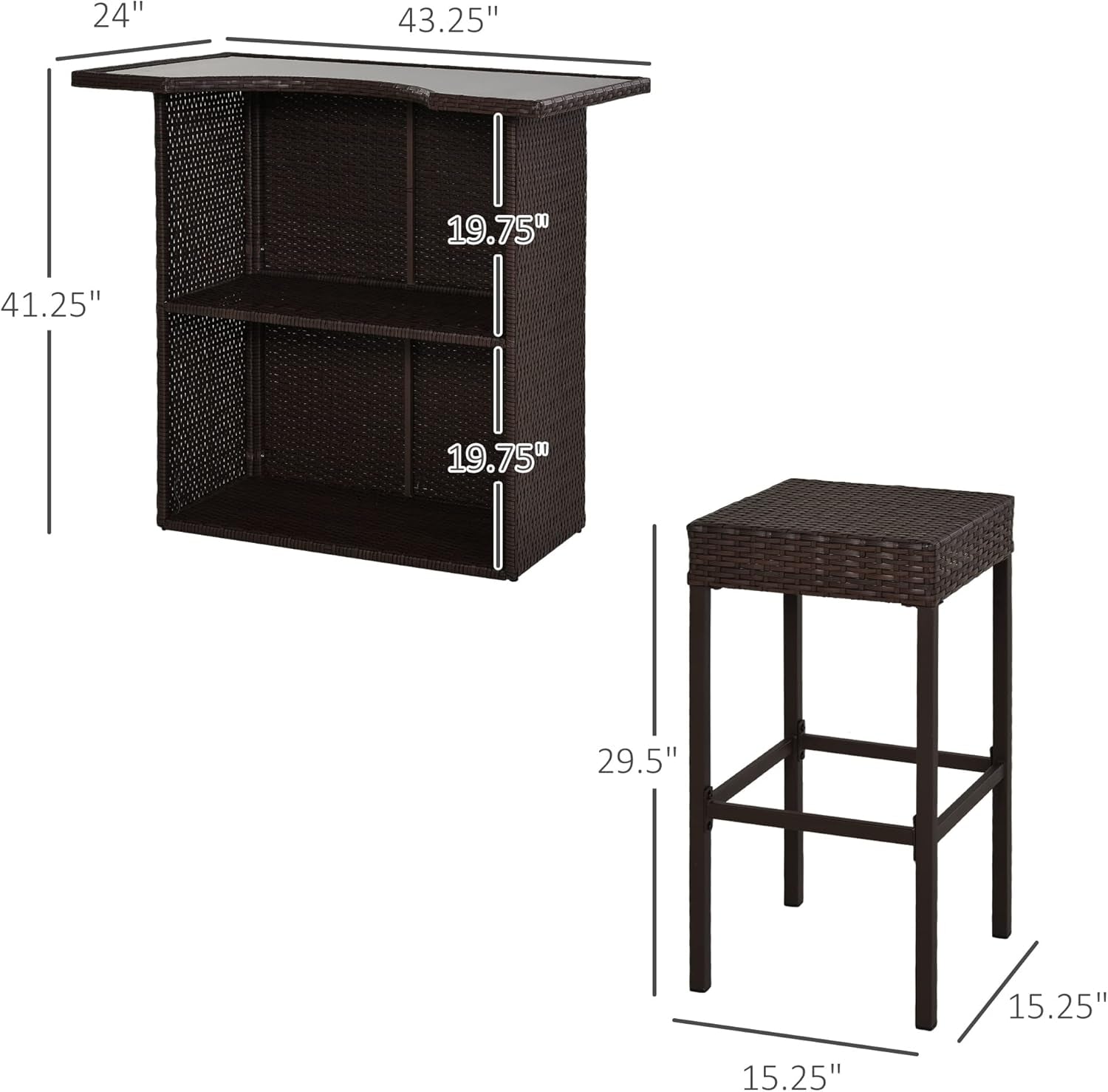 5 Pcs Rattan Wicker Bar Set, High Top Outdoor Table and Chairs, Bar Height Patio Set with Glass Table Top 2 Tier Storage Shelf, and 4 Bar Stools for Garden, Poolside, Dark Brown-2