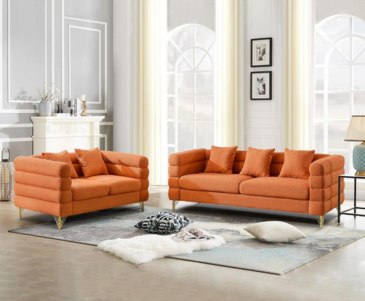 2 Piece Living Room Sofa Set, Comfy Boucle Couch with Loveseat and 3 Seater, Upholstered Sofa Couch with 2 Pillows and Deep Seat Design for Office, Waiting Room, Orange Teddy-0
