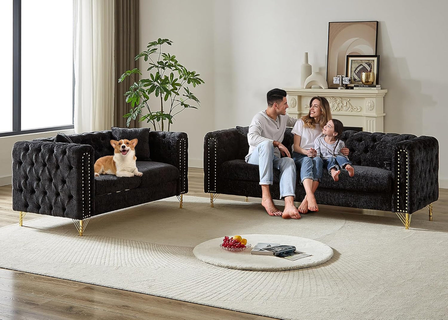 2 Pieces Chenille Living Room Furniture Sofa Couch Set,Button Tufted Comfy Couch with Nailhead Trim&Metal Legs,Mid Century Modern Couch and Loveseat Sets for Living Room(Loveseat+3 Seater Sofa,Black)-4