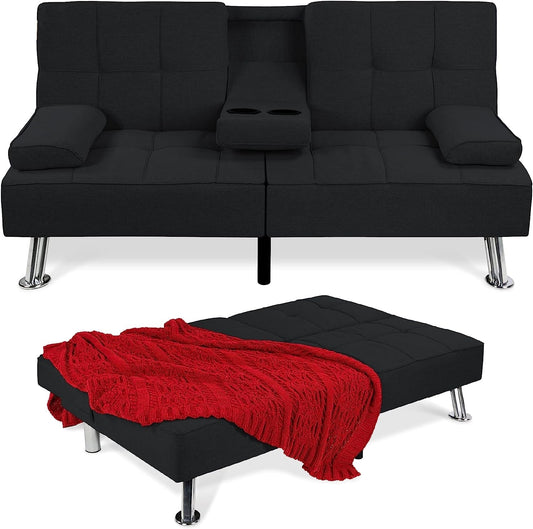 Black Linen Folding Futon Recliner with Cupholders-0