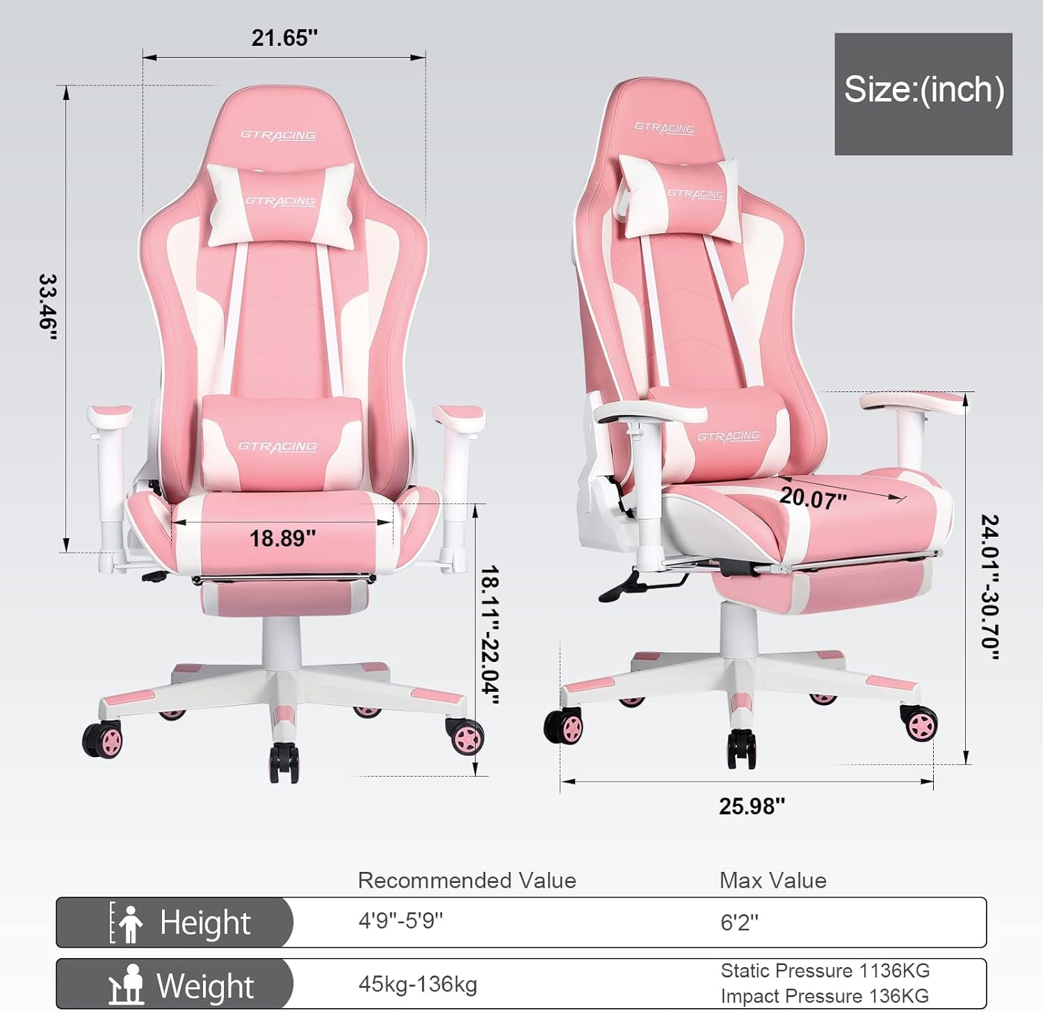 Gaming Chair with Footrest Speakers Video Game Chair Bluetooth Music Heavy Duty Ergonomic Computer Office Desk Chair (Pink)-2