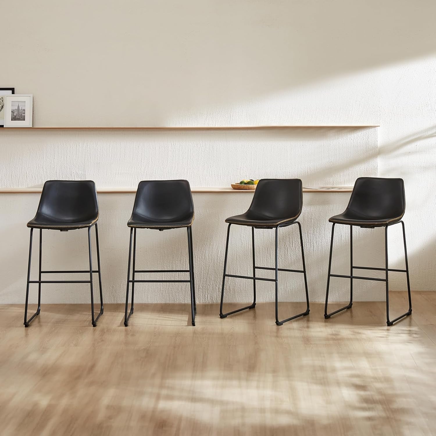 26 Inch Counter Height Bar Stools Set of 4, Modern Faux Leather High Barstools with Back and Metal Leg, Bar Chairs for Kitchen Lsland, Elegant Black-0