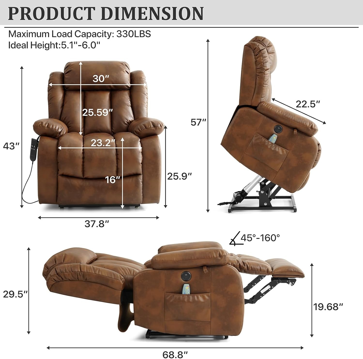 Dual Motor Large Power Lift Recliner Chair Recliners for Elderly, Infinite Position Recliner Chair with Heat and Massage, Breathable Leather(Ochre)-1