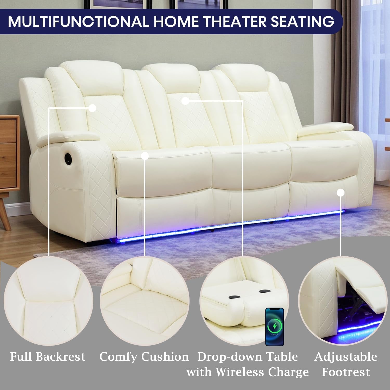 Power Recliner Sofa Set with LED Lights,Leather Reclining Sofa with USB Port/Wireless Charger/Storage Console/Cup Holder,Living Room Furniture Set for House/Home Theater(3 Piece Set,Creamy)-3
