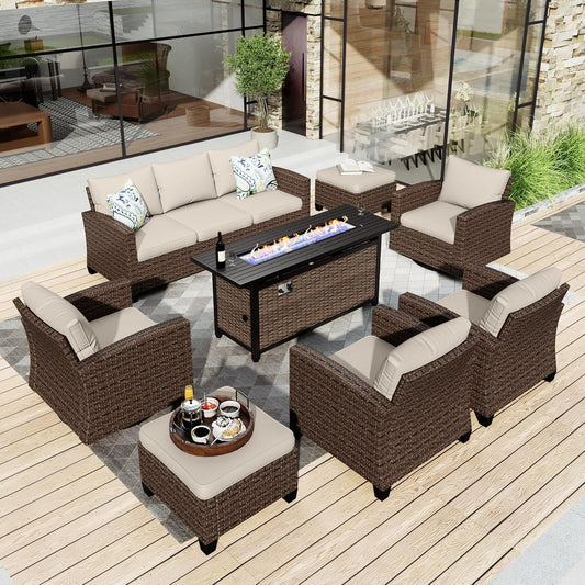 Patio Furniture Set with 56" Fire Pit Table, Swivel Rocker Chairs with Ottoman, Outdoor Wicker Conversation Set for Lawn Garden Deck Backyard, Beige-0