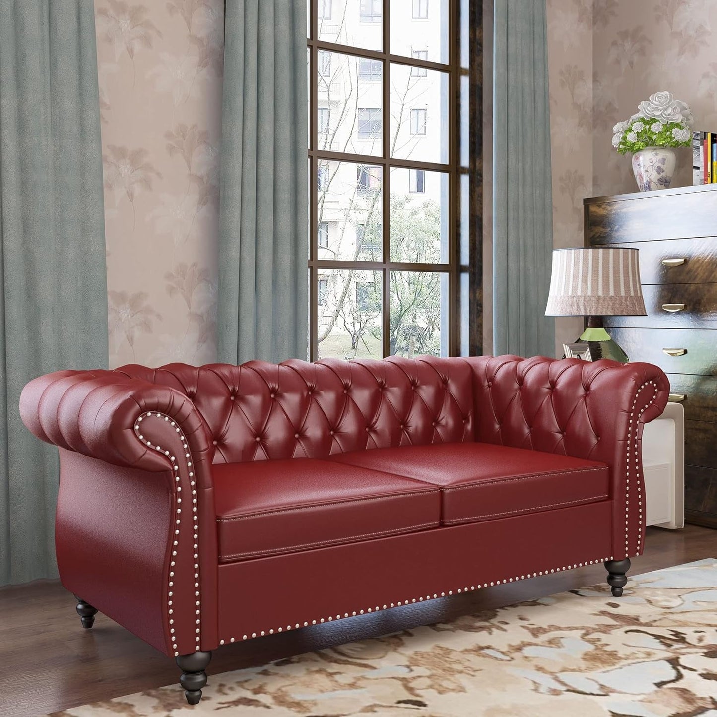 2 Piece Living Room Set, Chesterfield Leather Sofa Couch Chair with Scroll Arms and Nailhead for Living Room, Office (Burgundy)-3
