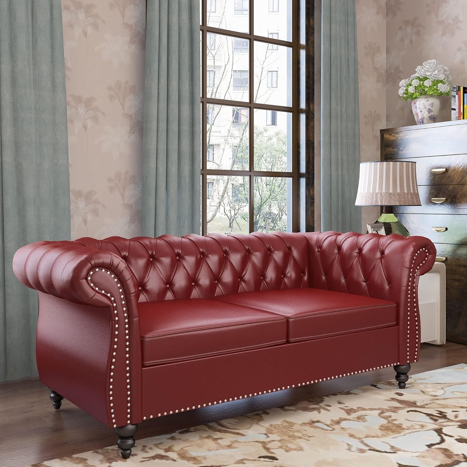 2 Piece Living Room Set, Chesterfield Leather Sofa Couch Chair with Scroll Arms and Nailhead for Living Room, Office (Burgundy)-3