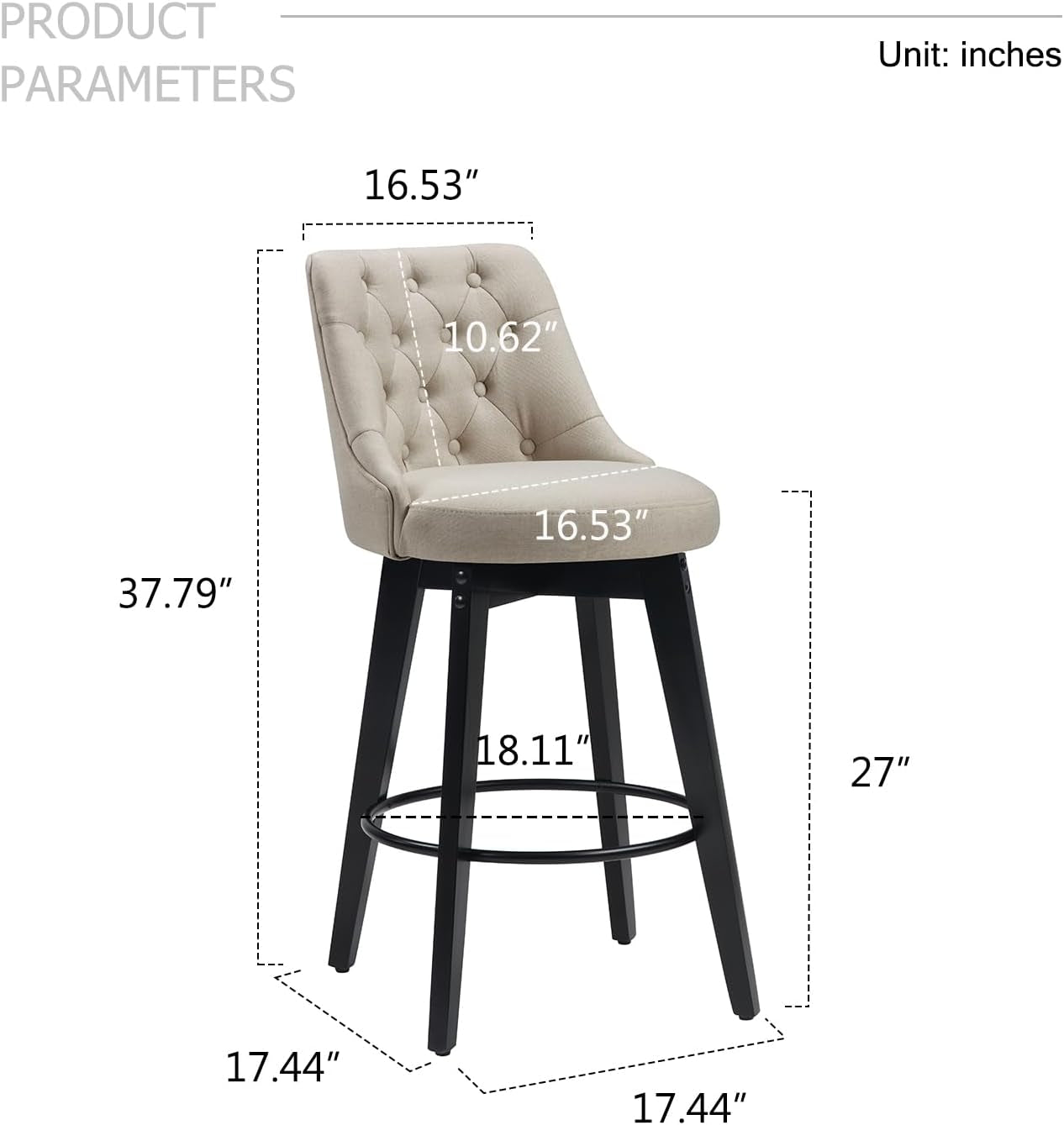 Bar Stools Set of 2, Swivel Barstools with Backs and Wood Legs, 27" Linen Fabric Upholstered Bar Chairs for Kitchen Island, Dining, Cafe, Pub（Linen）-2