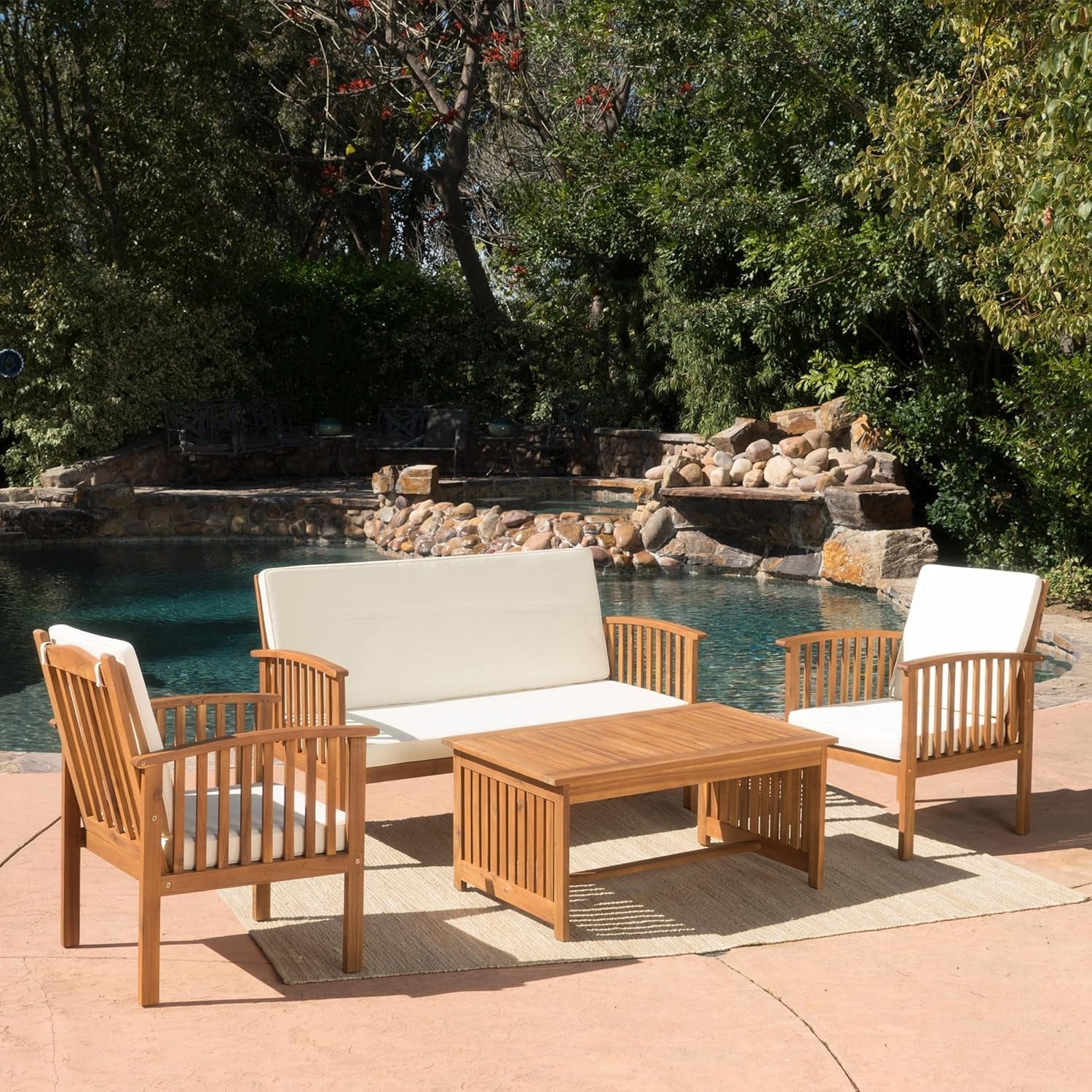 Patio Furniture Set 4 Pieces Outdoor Acacia Wood Conversation Sets with Coffee Table & Cushions, Garden Conversation Bistro Sets for Patio, Lawn, Yard, Pool or Backyard, Brown-0