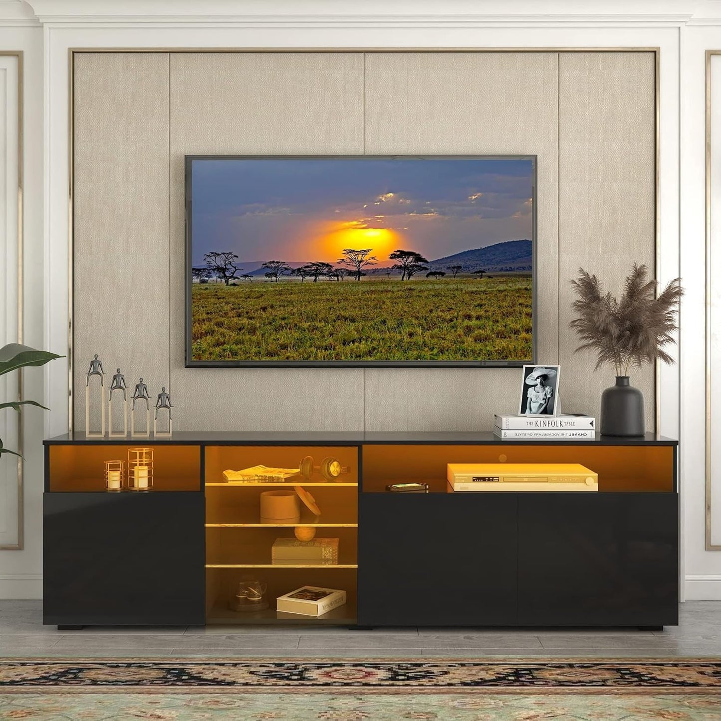 High Glossy LED TV Stand for 65 Inch Tv,Modern White Entertainment Center/White TV Stand with Adjustable Storage Shelf,Rgb LED 20 Color Lighting,Smart Modern TV Cabinet(63Inch, Black)-4