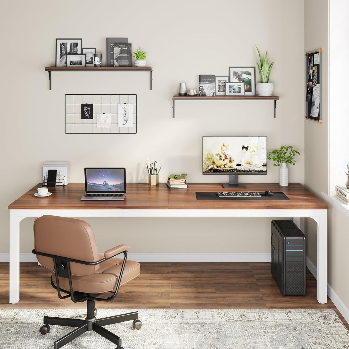 78.7 Inches Extra Long Computer Desk 2 Person Desk, Double Long Desk, Workstaion for Home Office (Walnut+White)-3