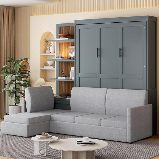 Queen Size Murphy Bed with Sofa and Shelves, Gray-0