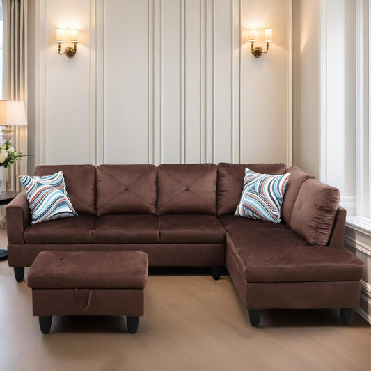 L Shaped Sectional Couch Sofa, Modern Couches for Living Room, Comfy 4 Seat Modular Sectional Sofa with Ottoman Storage for Bedroom Apartment, Brown-0